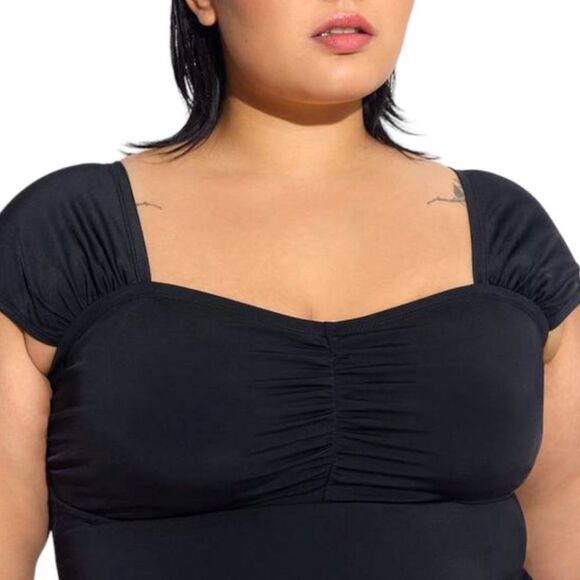 Torrid Black Wireless Ruched Cap Sleeve One Piece Swimsuit Size: 3 3XL - Picture 3 of 15